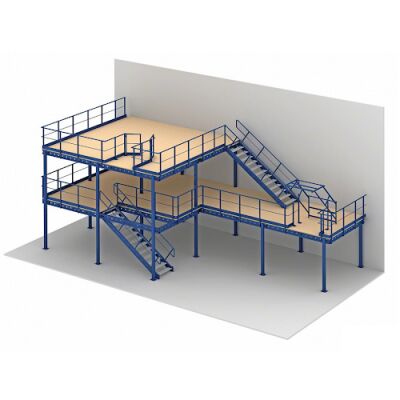 Integrated System of Industrial Mezzanine Floors and Steel Platforms with Vertical Warehouse Stacking Racks